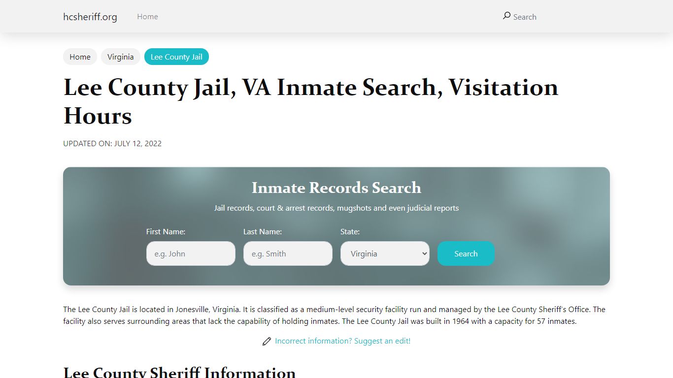 Lee County Jail, VA Inmate Search, Visitation Hours